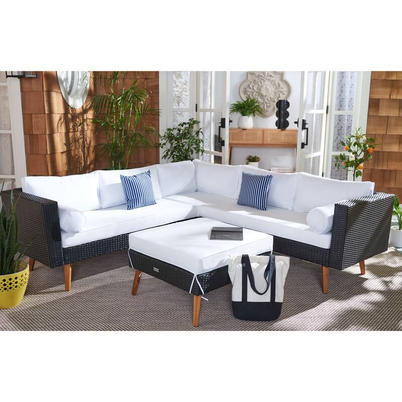 SAFAVIEH Outdoor Ulyana Outdoor Sectional Set - 54W x 26D x 28H - Black/White Cushion