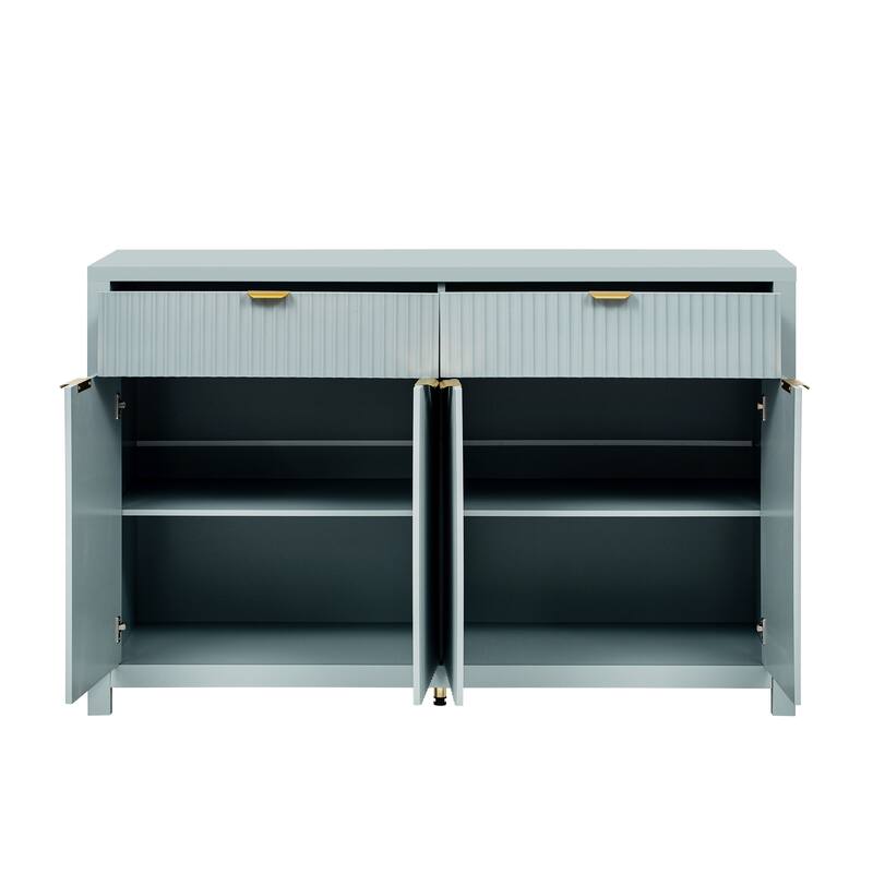 Roomfitters Sideboard Buffet Cabinet with 2 Drawers, 4 Door Mid-century Modern Fluted Storage for Kitchen & Dining Room, Cyan