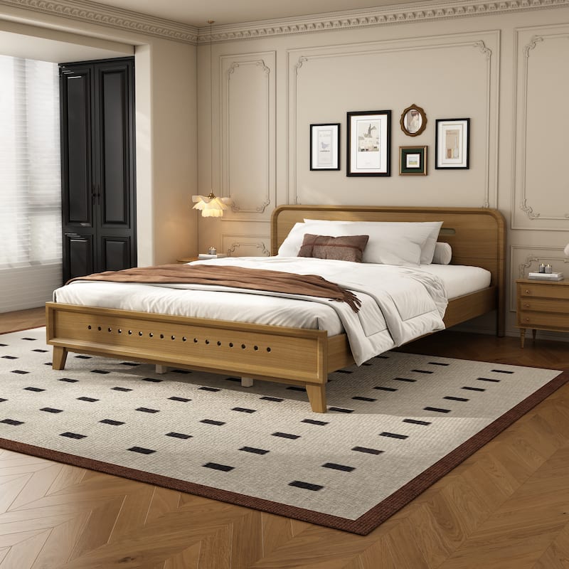 Rustic Pine Wood Bed Frame Low-Profile Platform Bed with Panel Headboard Solid Wood Slat Support and Extra Wide Thickened Legs - Rustic Yellow - Queen