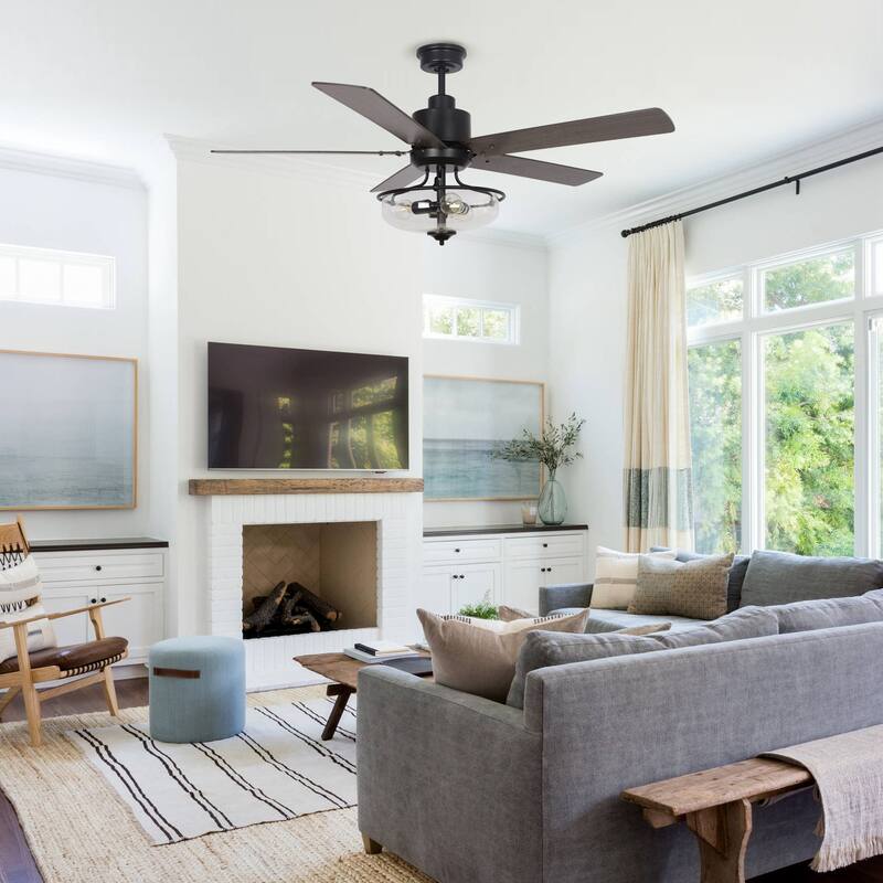 52-in Farmhouse Brown Glass Shade 5-Blade Reversible Ceiling Fan with Light Kit and Remote - 52 Inches