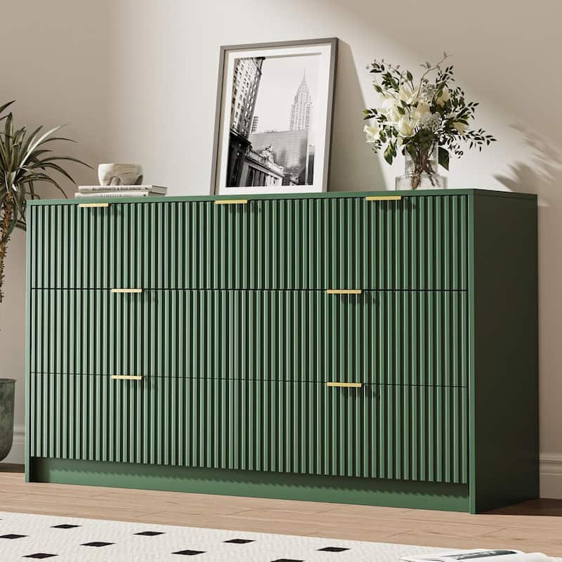 7 Drawer Dresser Fluted Wood Clothes Storage Cabinet, Modern Wide Dresser for Bedroom - Green