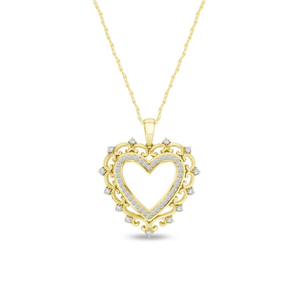 1/4ct TDW Diamond Filigree Heart Pendant Necklace in 10K Yellow Gold for Women