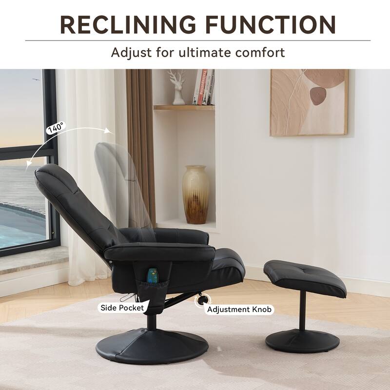 Massage Recliner Chair with Ottoman, 360° Swivel PU Leather Reclining Chair with Wrapped Base, 5 Point Vibration Massag