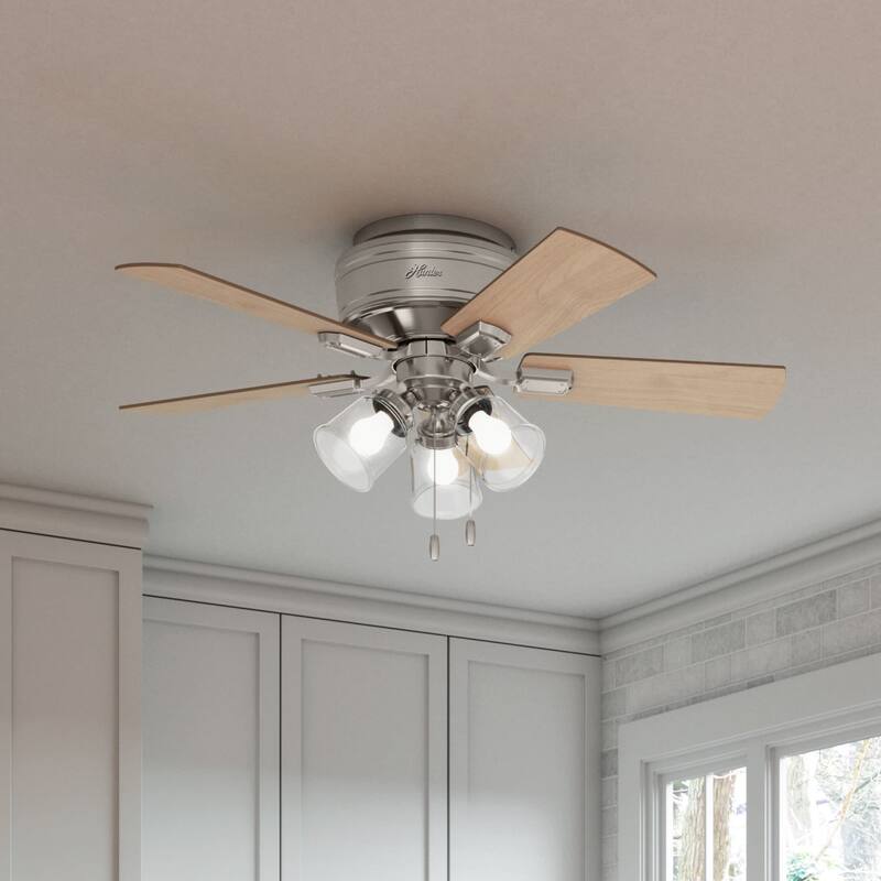 Hunter 42" Crestfield Low Profile Ceiling Fan with 3-Light LED Light Kit and Pull Chain - Casual, Farmhouse, Rustic - Brushed Nickel