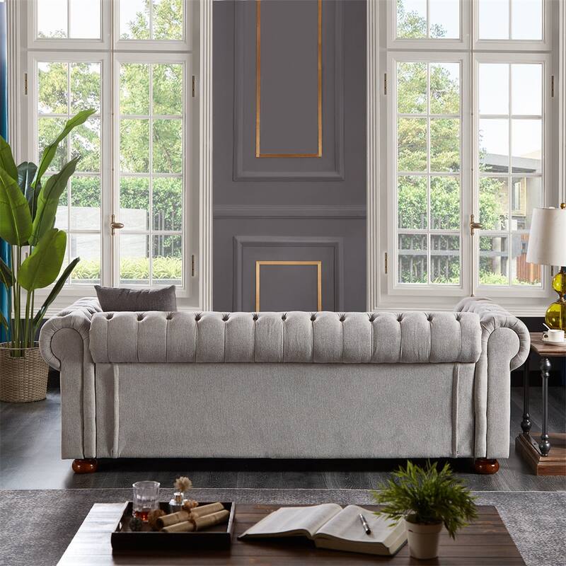 3 Seat Linen Fabric Couch, Solid Wood Chesterfield Round Armrest Sofa