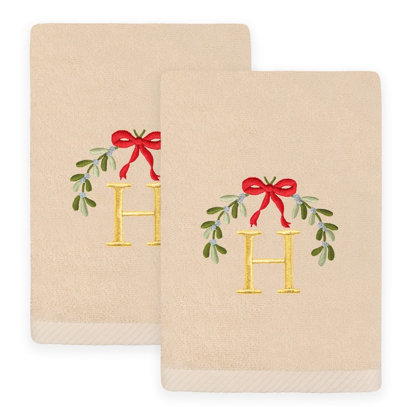 Authentic Hotel and Spa Christmas MISTLETOE MONOGRAM Embroidered Luxury 100% Turkish Cotton Hand Towels Set of 2 - H