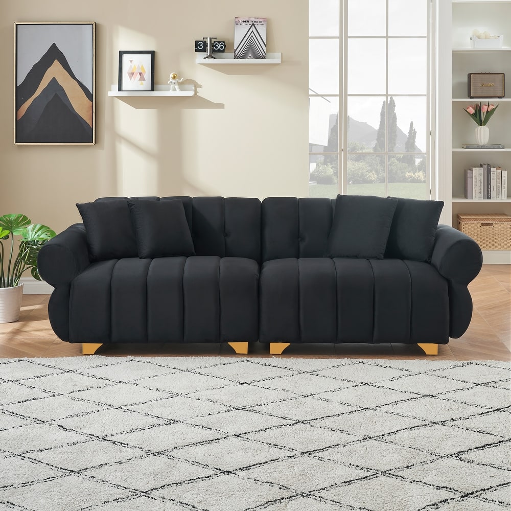 Velvet Sofas Lounge Couch with Round Armrests and Channel Tufting Back, Deep Seat Sofa with Metal Leg and 4 Throw Pillows