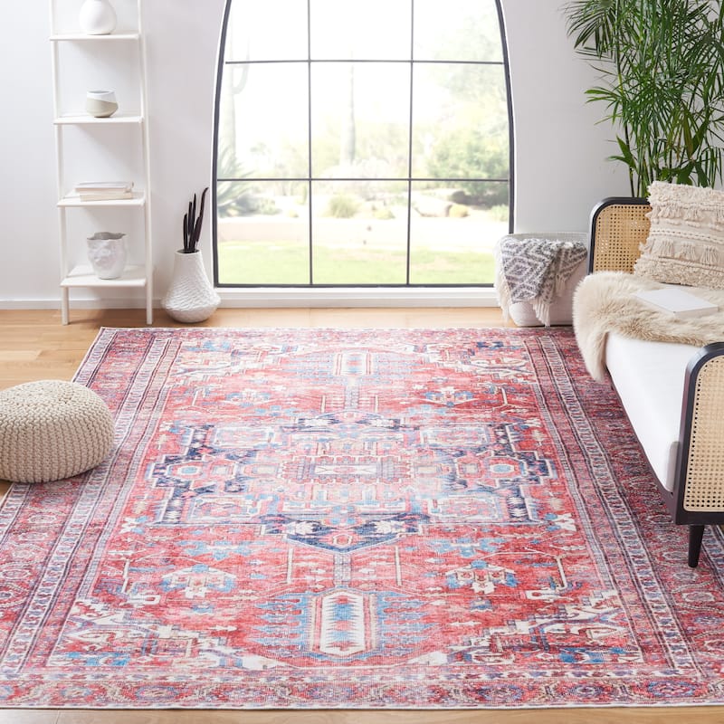 SAFAVIEH Serapi Machine Washable Vallie Medallion Distressed Rug - 10' x 14' - Red/Navy