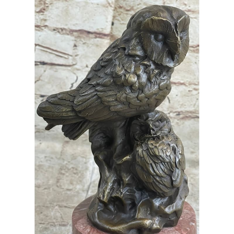 Bronze Sculpture Statue Of Two Owls Birds On A Red Marble Base Signed Milo