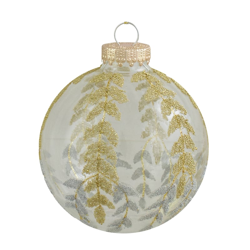 4ct Clear and Gold Glitter Leaves Glass Christmas Ball Ornament 3.25"