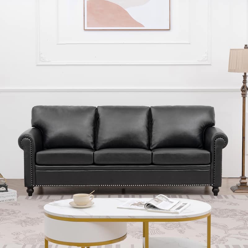 83.86" Upholstered 3-seater Sofa with Nailheads and Birch Feet for Living Room - Black Pu