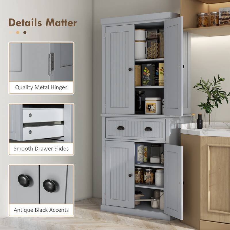 72" Kitchen Pantry Storage Cabinet, Traditional Freestanding Cabinet with 4 Doors and 3 Adjustable Shelves, Large Central Drawer