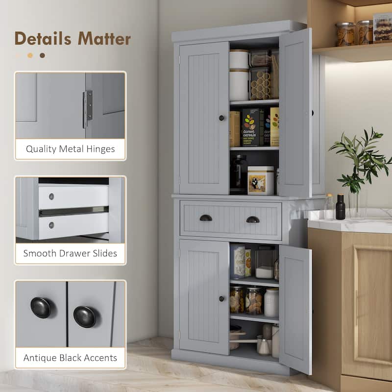 72" Kitchen Pantry Storage Cabinet, Traditional Freestanding Cabinet with 4 Doors and 3 Adjustable Shelves