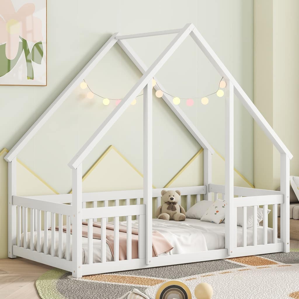 Wood House-Shaped Floor Bed with Fence, Guardrails