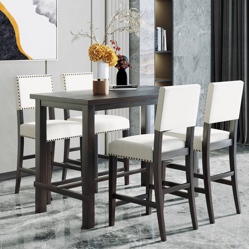 5 Piece Counter Height Dining Table Set, Classic Elegant Table with 4 Upholstered Chairs, Coffee Table, Guest Table - Espresso