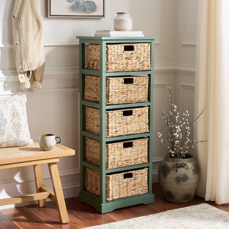 SAFAVIEH Faith Distressed Black 5-Drawer Wicker Basket Storage Tower - 17.3" x 13.4" x 46.1" - 17"W x 13"D x 46"H