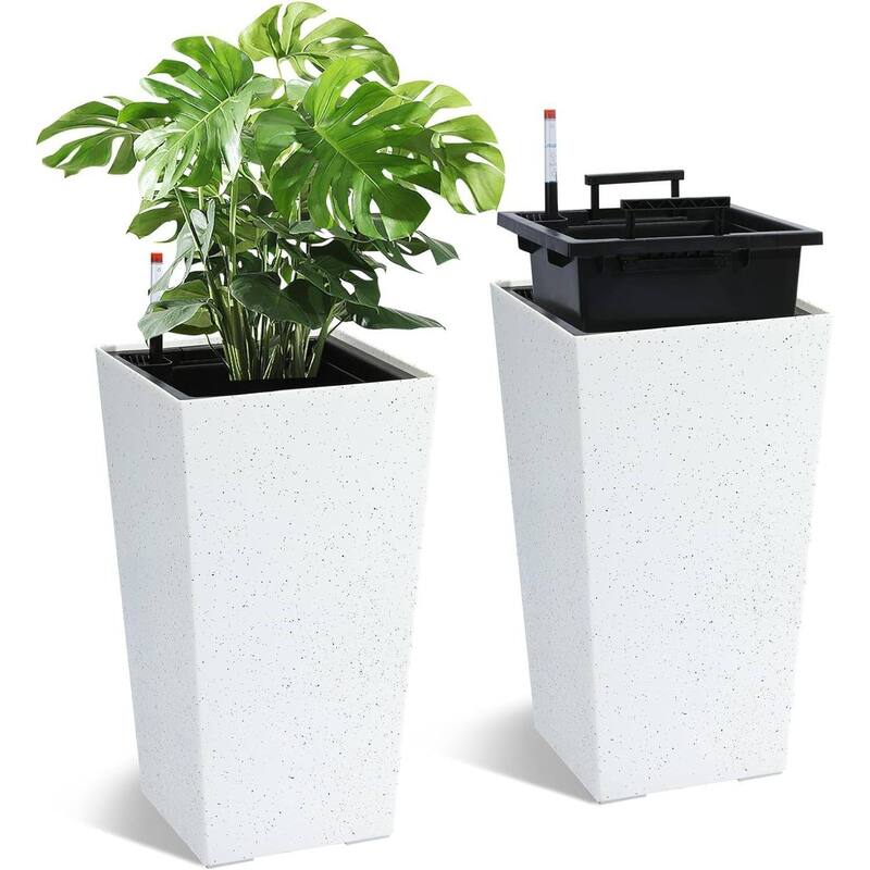 2PCS Garden Decor 21.7" Tall Indoor Outdoor Planters with Water Level Monitor - White