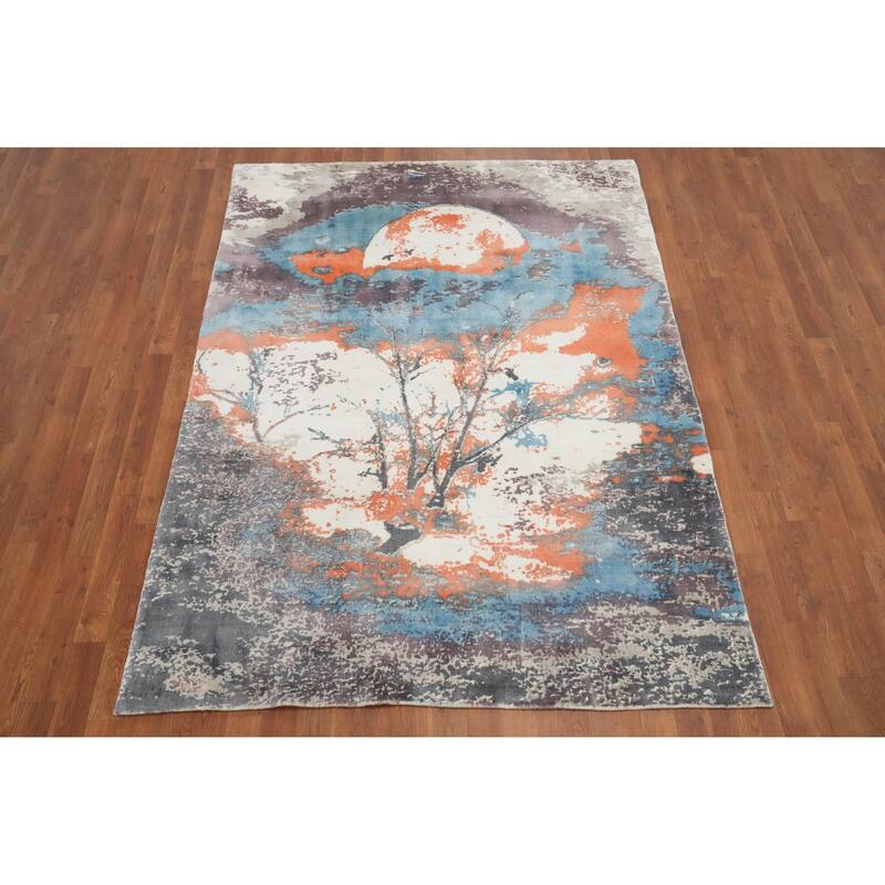 Hand Knotted Oriental Viscose Silk Carpet Modern Pictorial Multi-Colored Abstract Area Rug - 7' 3'' X 5' 2''