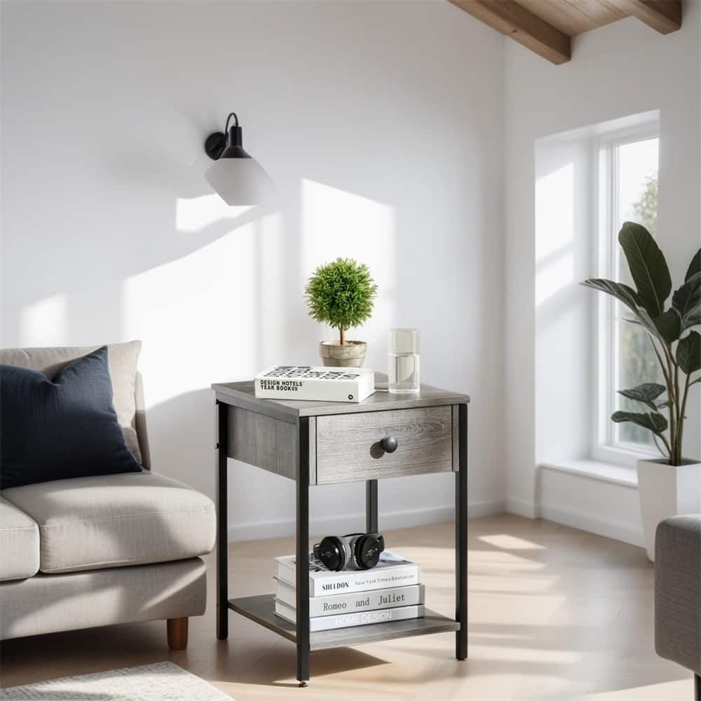 Wood End Table with Storage Shelf and with Drawer