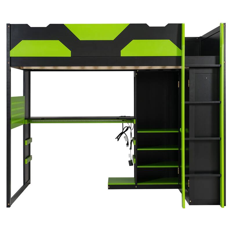 All-in-one Esports Gaming & Work Loft Bed with Adjustable Desk, LED, Charging Station, Pegboard, Storage Shelves and Wardrobe