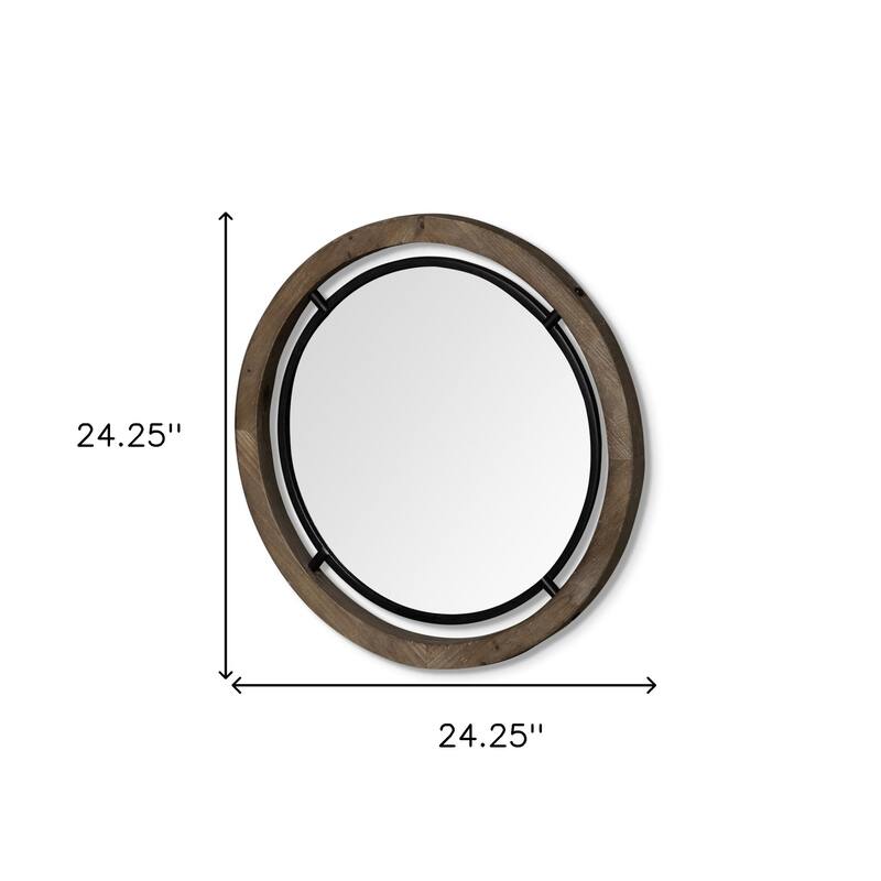 HomeRoots 24" Brown And Black Round Metal And Wood Framed Accent Mirror - 24.25' X '24.25' X '1.25