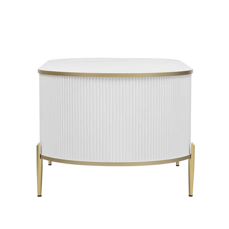 Roomfitters Luxury Oval Fluted Coffee Table with Marble Top, 2 Storage Cabinets and Metal Legs, Stylish Accent Table, White