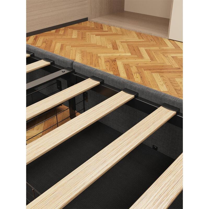 Stripe Upholstered Platform Bed with Wingback LED Headboard & 4 Large Capacity Sliding Drawer, Steel Slat Support Bed Frame