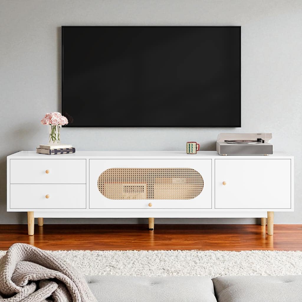 70 Inch Modern TV Stand with Rattan Accents, Drawers and Cabinets, Entertainment Console for TVs Up to 80 Inch