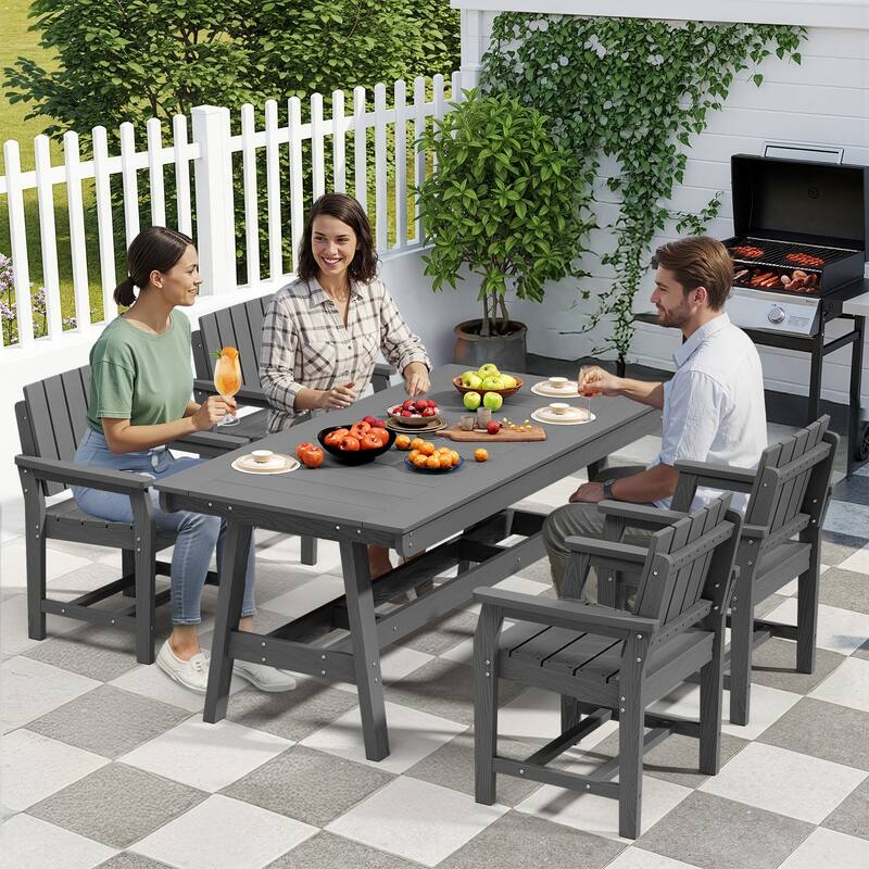 HDPE Patio Dining Set with Rectangular 67.91in W Table with Umbrella Hole and 4 Chairs - N/A