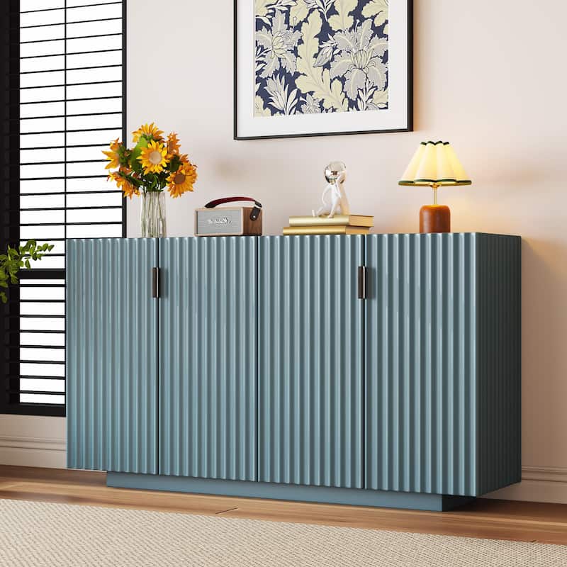 Antique Blue Buffet Cabinet Storage Cabinet Sideboard w/ Adjustable Shelves, Wavy Doors Entryway Floor Cabinet Console Table