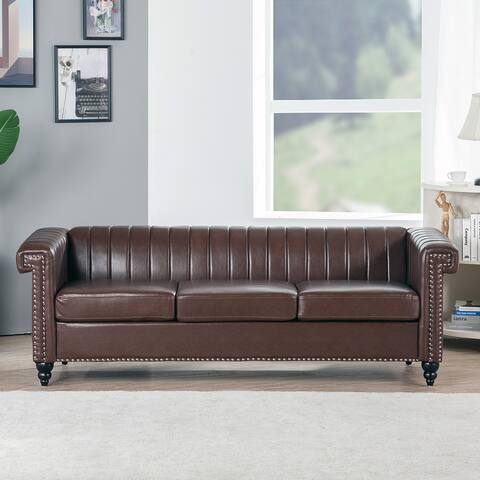 PU Leather Sofa Traditional Square Arm Removable Cushion 3 Seater Sofa