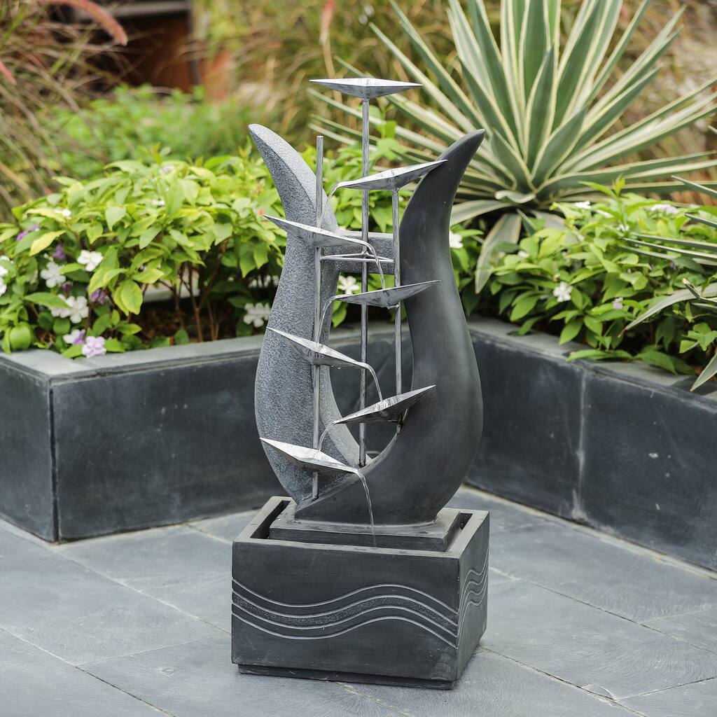 Silver and Grey Modern Abstract Metal Floral Cement Outdoor Fountain - 37" H