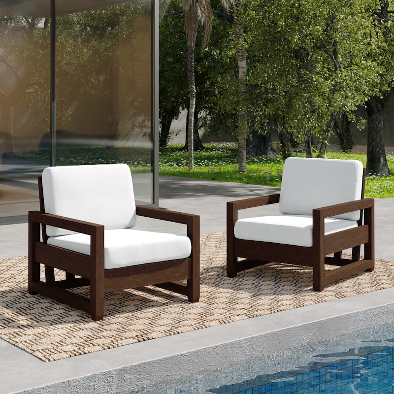 Patio Teak Wood Outdoor Arm Chair with Cushion - Dark Wood - Beige-Set of 2 Armchair