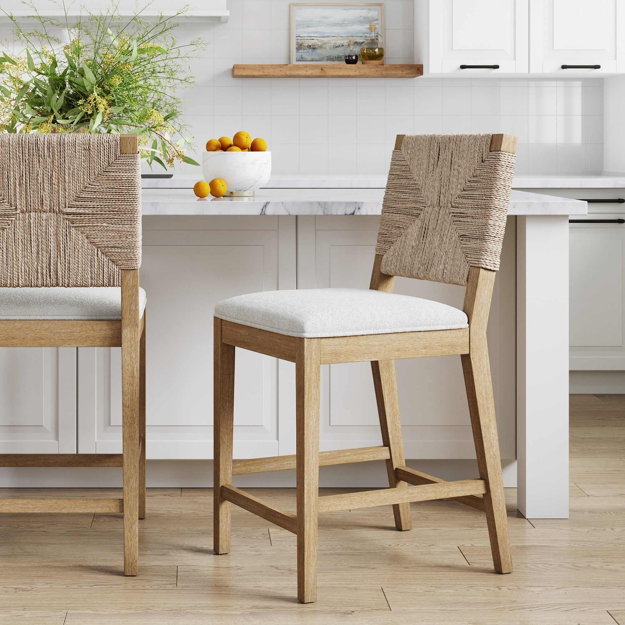 Beacon Bohemian Boucle Bar Stool Upholstered Counter Height Chair with Solid Wood Frame and Woven Seagrass Back On Sale Bed Bath Beyond 39807649