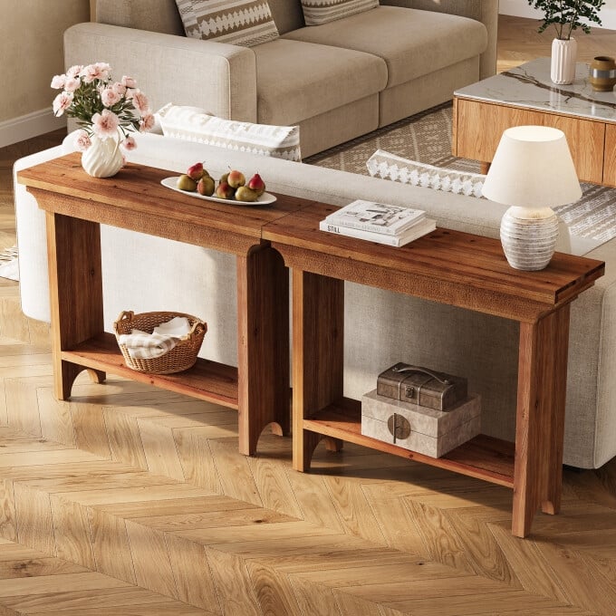 39.37" Solid Wood Console Table, 2-Tier Small Entryway Table