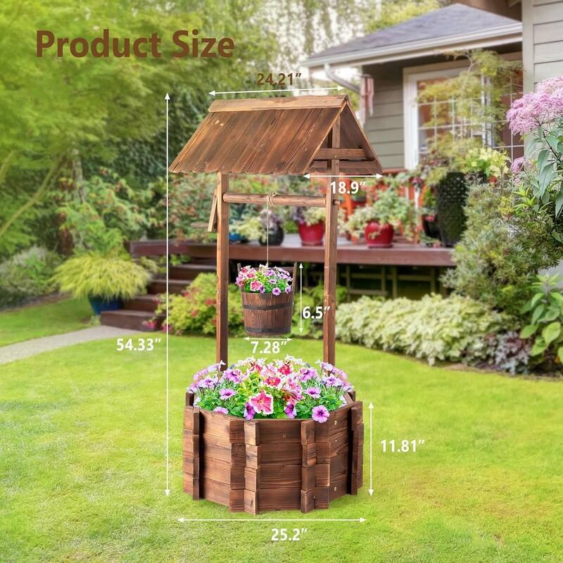 Wooden Wishing Well Outdoor Planters,Rustic Flower Pot Home Decor for Outside Patio Garden