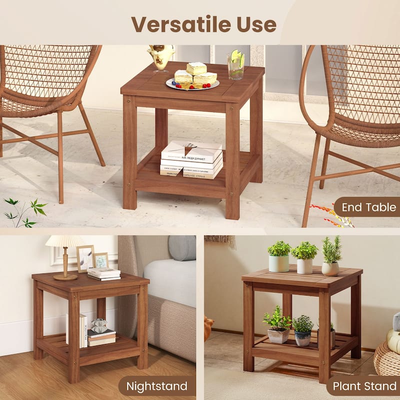Solid Wood 2-Tier Outdoor Side Table Natural Finish with Slatted Shelves for Patio or Balcony - 18" x 18" x 17.5"