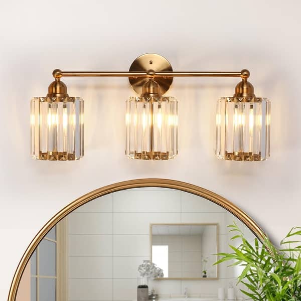 slide 2 of 12, Modern Glam Crystal 3-Light Gold Bathroom Vanity Lights Dimmable Plating Brass Wall Sconce L 23.6" * D 6.7" * H 10.6" - Plating Brass - Crystal
