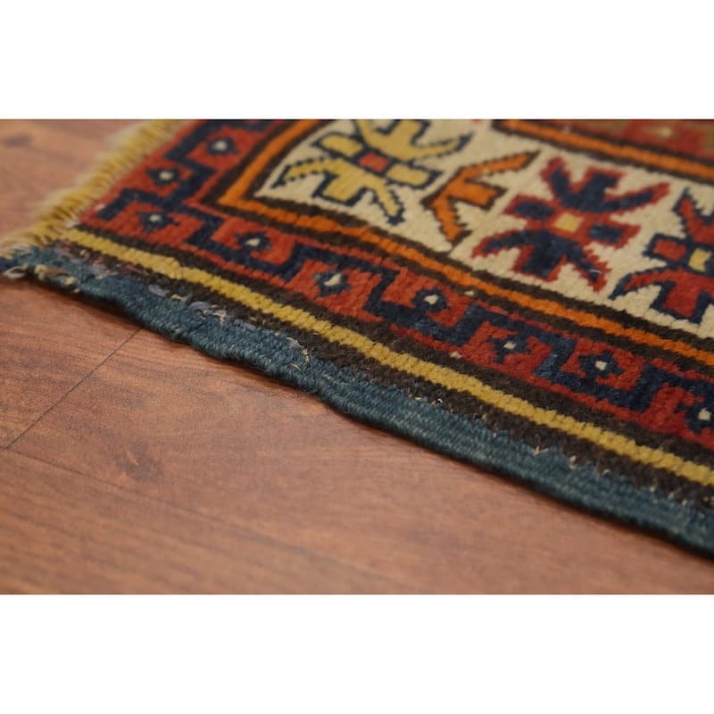 Hand Knotted Oriental 100% Wool Carpet Traditional Geometric Navy Blue & Blues Kazak Area Rug - 4' 7'' X 3' 6''