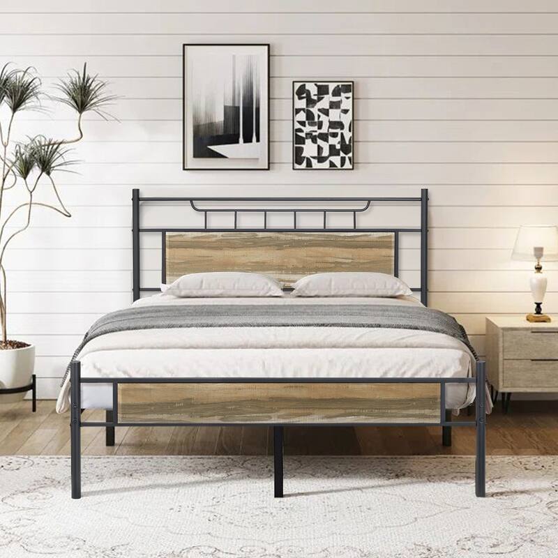 VECELO Industrial Bed Frame with Wood Headboard,Twin/Full/Queen Size Bed, Black/Brown/Slate-3 colors