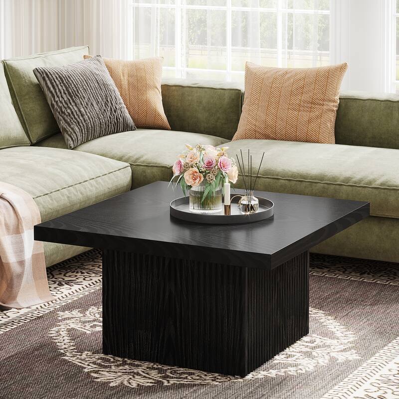 31.5 Brown Wood Square Coffee Table, Large Fluted Coffee Table for Living Room - Black