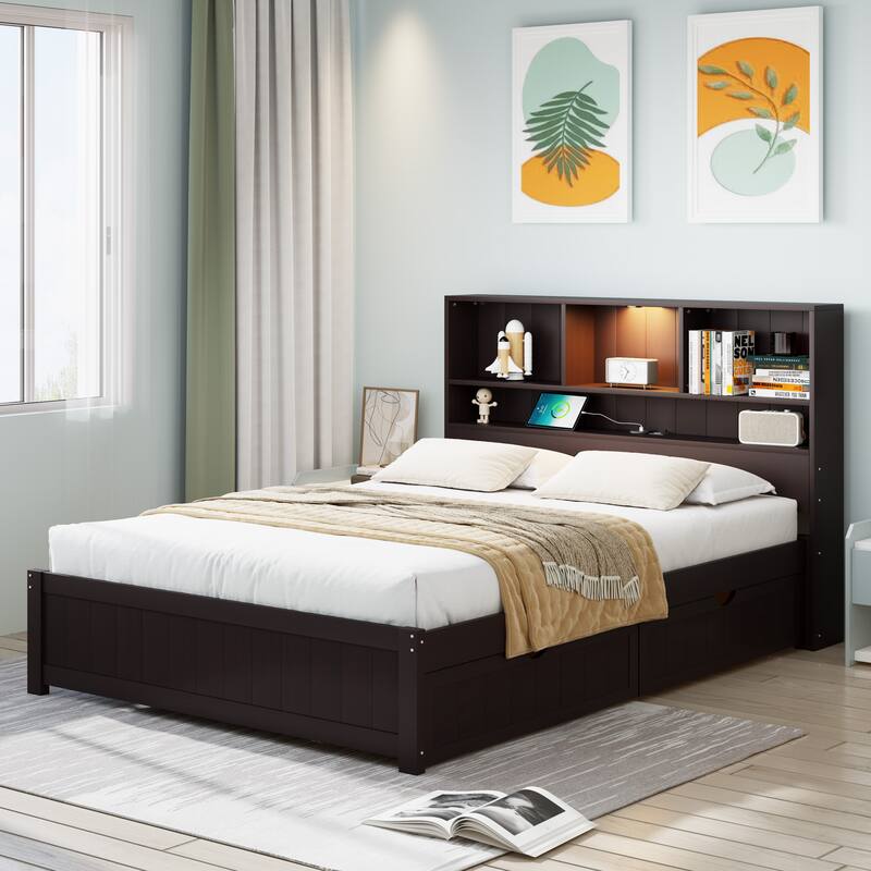 Wood Platform Bed Frame with Built-In Night Light/Charging Station/Open Bookcase Headboard/and 2 Side Drawers/Wood Slats Support