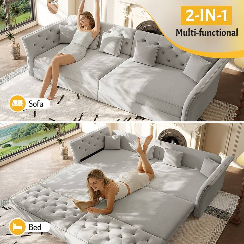 100" Oversize Pull Out Sofa Bed with Tufted Velvet Fabric - Convertible Sleeper Sofa for Living Room, Bedroom