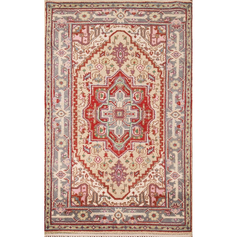 Geometric Beige Heriz-Serapi Foyer Rug Hand-Knotted Wool Carpet - 3'0" x 5'1"