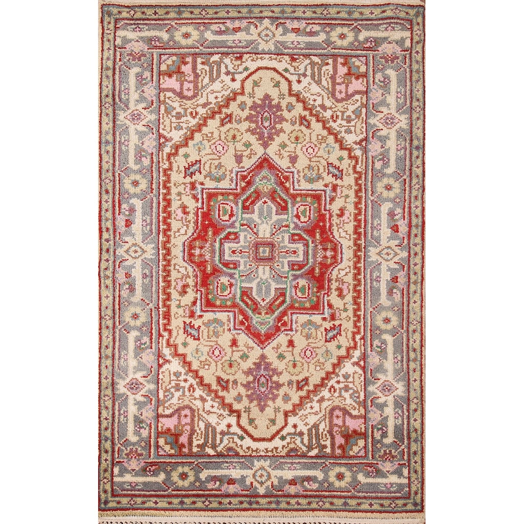 Geometric Beige Heriz-Serapi Foyer Rug Hand-Knotted Wool Carpet - 3'0" x 5'1"