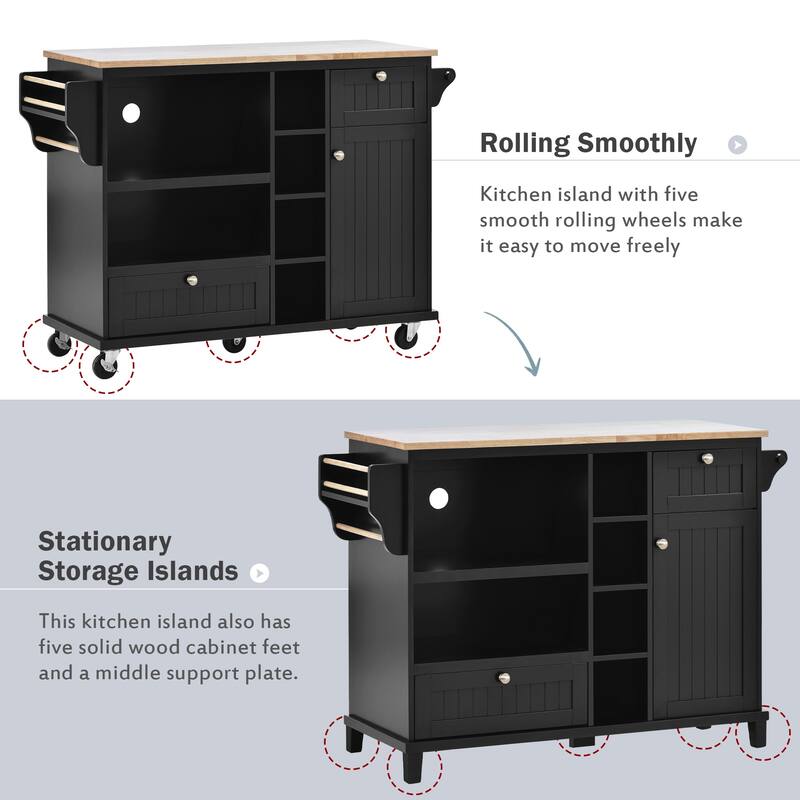 Kitchen Island with Solid Wood Desktop, Kitchen Island Cart on Locking Wheels, Rolling Island Cart with Cabinets & Drawers