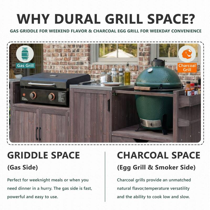 80.5" Outdoor Solid Wood Kitchen Island for Big Green Egg & Blackstone Griddle with Stainless Steel Top