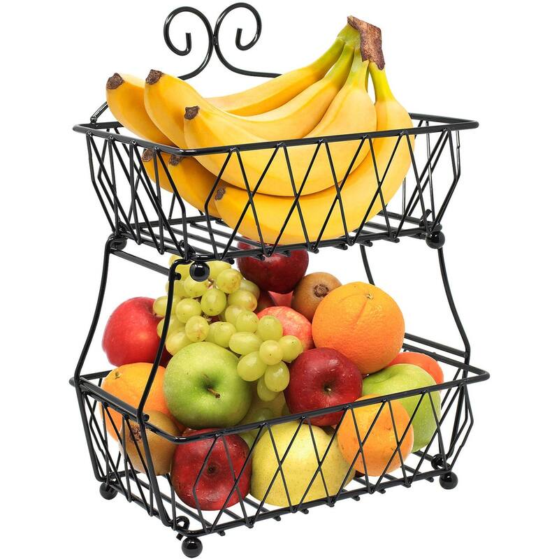 Fruit Basket Display Stand, 2-Tier, Counter Storage Antique Metal - Black