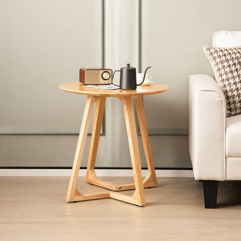 24'' Round Side Table Solid Rubber Wood End Table Beside Sofa & Bed
