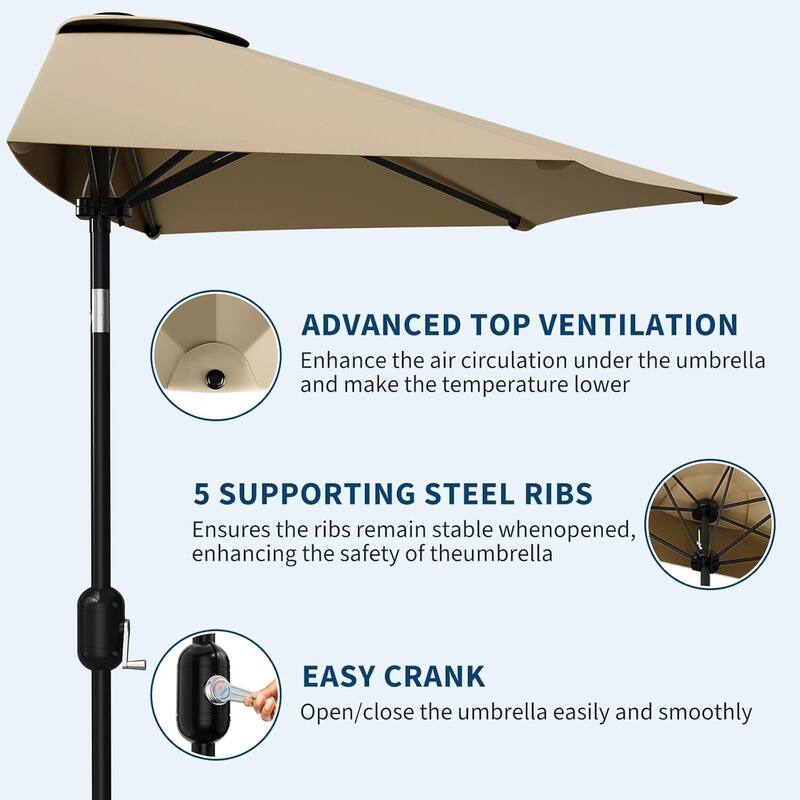 9FT Half Patio Umbrella with Smooth Crank Lift, Shade Canopy for Patio, Backyard, Garden (No Base)